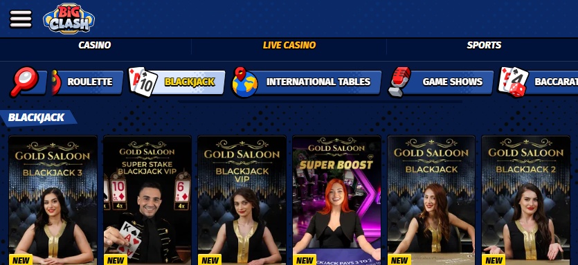 Mobile blackjack online at BigClash casino in Canada